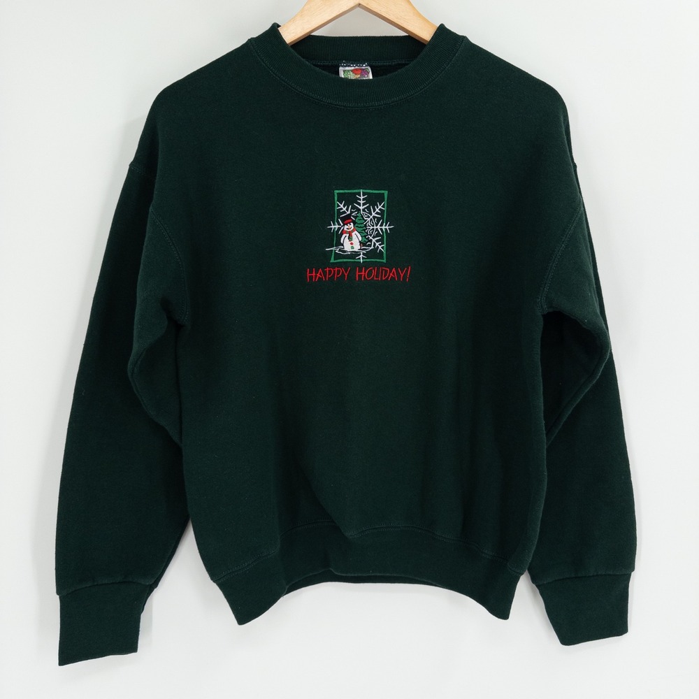 Vintage Holiday Sweatshirt Women M Green Christmas Snowman Granny Ugly 90s Indie
